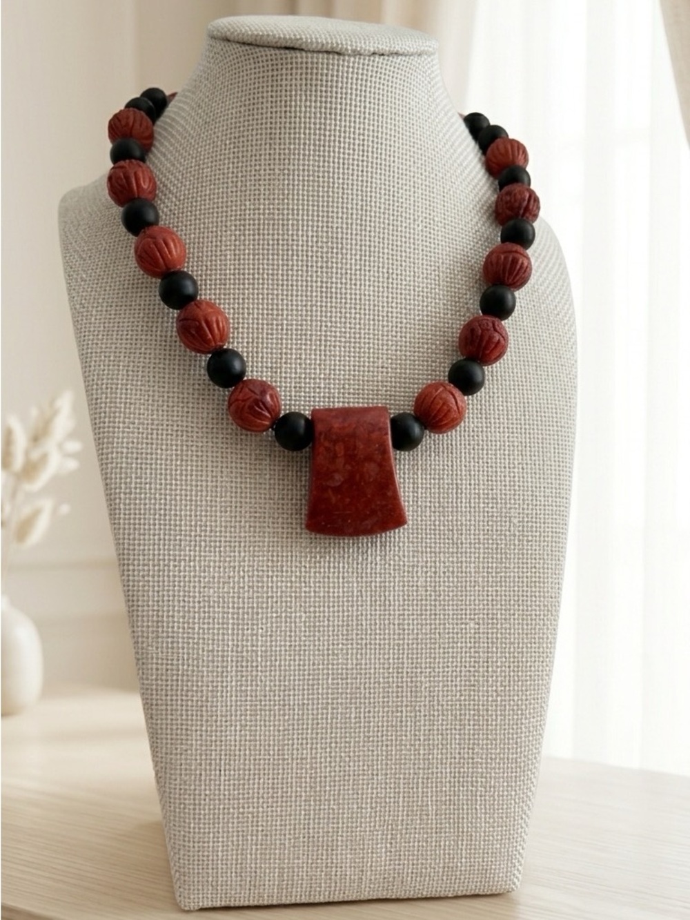 Handcrafted Carved Sponge Coral & Black Onyx Statement Necklace with Earrings